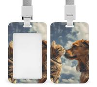 Porta badge faccia a faccia con cane e gatto, in plastica rigida, custodia protettiva per nome, chiavi, carte d'identità, carte di credito e chiavi di prossimità
