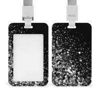 Porta badge glitterato bianco e nero con fessura push-pull e cordino, porta badge verticale in plastica impermeabile, portadocumenti da viaggio portatile, protezione per carte rimovibile