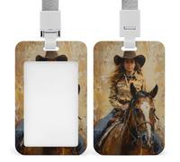 Porta badge identificativo con clip retrattile per carte di credito, con scritta "Young Female Riding A Horse", per lavoro, ufficio, dottore, infermiera