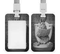 Porta badge identificativo con coniglietto che legge giornale sul sedile del water, clip retrattile, porta carte di credito, nome, badge per lavoro, ufficio, dottore, infermiere