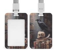 Porta badge identificativo con corvo appollaiato su vecchio teschio, clip retrattile, porta carte di credito, nome, targhetta per lavoro, ufficio, dottore, infermiera