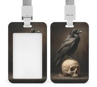 Porta badge identificativo con corvo appollaiato su vecchio teschio, clip retrattile, porta carte di credito, nome, targhetta per lavoro, ufficio, dottore, infermiera