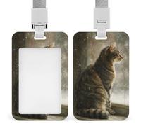Porta badge identificativo con gatto soriano marrone sul davanzale della finestra, clip retrattile, porta carte di credito, nome, targhetta per lavoro, ufficio, dottore, infermiera