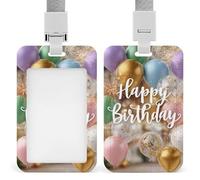 Porta badge identificativo con palloncini con scritta "Happy Birthday", con clip retrattile, protezione per carte di credito, nome, badge per lavoro, ufficio, dottore, infermiere