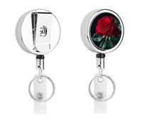 Porta badge identificativo con rosa rossa e sfondo nero, bobina retrattile per infermiera, portachiavi in metallo resistente, clip con corda di nylon da 68,1 cm, targhette divertenti per insegnanti