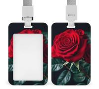 Porta badge identificativo con sfondo nero con rosa rossa, porta badge con cordino staccabile, design impermeabile per ufficio, posto di lavoro
