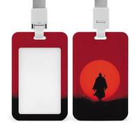 Porta badge identificativo con silhouette di luna rossa che cammina con eroe giapponese che cammina, clip retrattile, porta carte di credito, nome, badge per lavoro, ufficio, dottore, infermiera