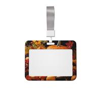 Porta badge identificativo con zucca con foglie autunnali Happy Thanksgiving Day con cordino porta carte d'identità Custodia per carte d'identità in plastica impermeabile Custodia scorrevole per ID