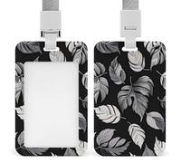 Porta badge in jacquard nero grigio con foglia, porta badge con cordino staccabile, design impermeabile per ufficio, posto di lavoro