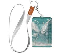 Porta badge in pelle color foglia di tè con farfalla astratta con farfalle argentate con cordino e porta carte d'identità per ufficio, scuola, carte chiave dell'hotel, carte di credito