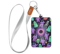 Porta badge in pelle con fantasmi astronauti colorati per Halloween Happy Halloween verticale con cordino e capacità di 3 carte d'identità per ufficio Shcool ospedale e patente di guida