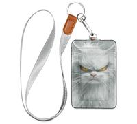 Porta badge in pelle con motivo gatto angora turco, con cordino e capacità di 3 carte d'identità, per ufficio, scuola, carte chiave dell'hotel, carte di credito