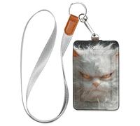 Porta badge in pelle con simpatico motivo con gatto angora turco, con cordino e capacità di 3 carte, per ufficio, infermiera, insegnante, studente