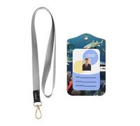 Porta badge in pelle con squali sotto il mare. Porta badge in pelle con cordino, custodia per carte di credito stampata su entrambi i lati, per ufficio e lavoro