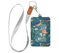 Porta badge in pelle con uccellini blu orientali color foglia di tè e fiori di ciliegio, con cordino e capacità di 3 carte d'identità, per impiegati, infermieri, insegnanti, studenti