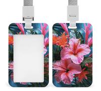Porta badge in plastica rigida con fiore rosa, motivo pianta tropicale, custodia protettiva per nome, chiavi, tessere, carte d'identità, carte di credito e chiavi di prossimità