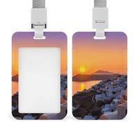 Porta badge in plastica rigida con immagine di un paesaggio con isola della Grecia, custodia protettiva per carte d'identità, carte di credito e chiavi di prossimità