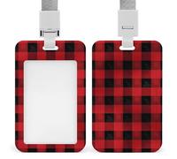 Porta badge in plastica rigida con motivo scozzese di bufalo rosso e nero, custodia protettiva per carte d'identità, carte di credito e chiavi di prossimità