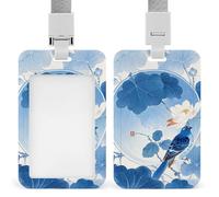 Porta badge in stile cinese blu e bianco con fiore e uccellino, con cordino staccabile, custodia protettiva verticale in plastica trasparente, impermeabile e resistente, per infermieri, insegnanti