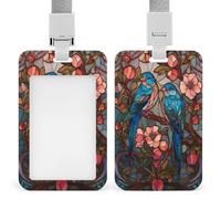 Porta badge in vetro colorato con uccellini innamorati in un albero di pesco, clip retrattile, porta carte di credito, nome, badge per lavoro, ufficio, dottore, infermiere