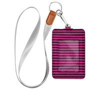 Porta badge orizzontale in pelle rosa scuro con strisce nere con cordino e capacità di 3 carte d'identità, per impiegati, infermieri, insegnanti, studenti