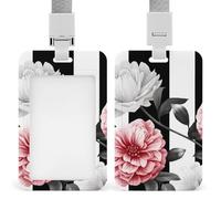 Porta badge professionale verticale con cordino per carta d'identità impermeabile con motivo floreale a righe bianche nere e bianche, per infermiere, dottori, insegnanti
