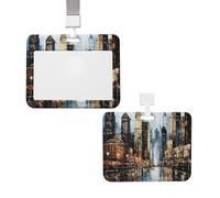 Porta badge resistente con avvolgitore scorrevole e finestra trasparente, targhetta identificativa da lavoro con dipinto di città, grazioso porta badge con cordino staccabile, custodia protettiva per