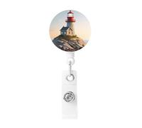 Porta badge retrattile 3D faro sul mare, resistente, con clip per nome, badge, per impiegati, dottori, infermieri, con clip per cintura, portachiavi