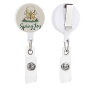 Porta badge retrattile a forma di coniglio primaverile minimalista con un piccolo narciso con clip per carta d'identità per dottore, infermiere, studenti, impiegati