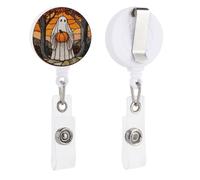 Porta badge retrattile a forma di fantasma bianco con zucca di Halloween, con clip per carta d'identità, per dottori, infermieri, studenti, impiegati