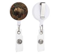 Porta badge retrattile a forma di orso in una foresta, stile rustico, con bobina e clip per carta d'identità, per dottori, infermieri, studenti, impiegati