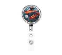 Porta badge retrattile con bobina di carpa rossa giapponese, con portachiavi, clip per badge, divertenti bobine per badge d'identità, in metallo resistente, per infermieri, ufficio, insegnante