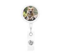 Porta badge retrattile con cane Corgi che corre sulla ferrovia, resistente, con clip per cintura, cordini retrattili, porta carte d'identità con portachiavi, clip per badge, per ufficio, infermiere
