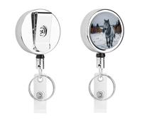 Porta badge retrattile con cavallo grigio in paesaggio invernale innevato deserto, carino porta badge infermieristico con robusta clip a coccodrillo portachiavi per infermieri, insegnanti, ufficio