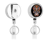 Porta badge retrattile con clip a coccodrillo, clip per badge identificativo, teschio disegnato a mano, porta badge identificativo, per lavoro, ufficio, dottore, infermiera, insegnante