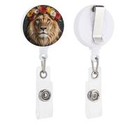 Porta badge retrattile con clip e portachiavi carino porta badge decorativo infermieristico porta badge per lavoratori d'ufficio, dottore, leone africano che indossa un fiore sulla testa