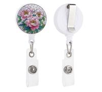 Porta badge retrattile, con clip per tesserino identificativo, con peonie rosa, per dottori, infermieri, studenti, impiegati in ufficio