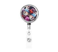 Porta badge retrattile con farfalle colorate su fiori con portachiavi, clip per badge, divertenti bobine per badge d'identità, in metallo resistente, per infermieri, ufficio, insegnante