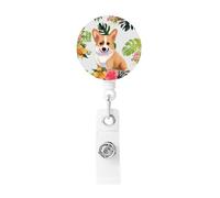Porta badge retrattile con fiore tropicale e corgi, in plastica leggera, porta badge identificativo, per infermieri e ufficio