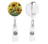 Porta badge retrattile con girasoli con farfalle su sfondo giallo, con clip per carta d'identità, per dottori, infermieri, studenti, impiegati in ufficio