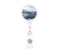 Porta badge retrattile con montagne invernali e scena innevata, resistente, con clip per nome, badge, per impiegati, dottori, infermieri, con clip per cintura, portachiavi