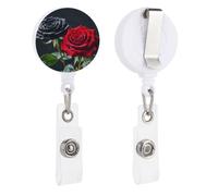 Porta badge retrattile con rose rosse e nere, resistente, clip per badge identificativo, infermiera, decorativo, con clip a coccodrillo, per appendere carte d'identità e chiavi