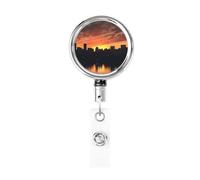 Porta badge retrattile con skyline della città al tramonto, con portachiavi, clip per badge, divertenti bobine per badge d'identità, in metallo resistente, per infermieri, ufficio, insegnante