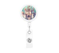 Porta badge retrattile con stampa a castello classico. con clip e portachiavi. La lunghezza massima retrattile è di circa 55 cm, con un morsetto rotante a 360°.