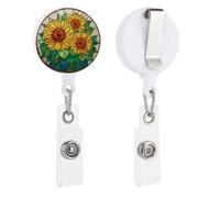 Porta badge retrattile con tre girasoli in vetro colorato, con clip per carta d'identità, per dottori, infermieri, studenti, impiegati