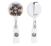 Porta badge retrattile grigio e bianco a forma di gattino e girasole, con bobina e clip per carta d'identità, per dottori, infermieri, studenti, impiegati