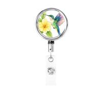 Porta badge retrattile in metallo, a forma di colibrì a metà volo, porta badge con fiore giallo girevole, portachiavi da appendere per infermieri, medici, insegnanti, ufficio
