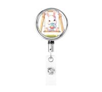 Porta badge retrattile in metallo, a forma di coniglio bianco su altalena, porta badge rotante per carta d'identità, portachiavi per infermiere, dottori, insegnanti e ufficio
