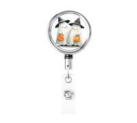 Porta badge retrattile in metallo, con due cappelli da strega e fantasmi bianchi, girevole, per infermiere, dottori, insegnanti, ufficio