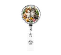 Porta badge retrattile in metallo, con due gatti e fiori, porta badge rotante per badge, portachiavi, per infermiere, dottori, insegnanti, ufficio